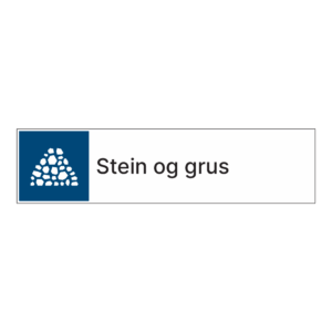 Kildesortering klistremerke: "Stein og grus" m/tekst ved siden av