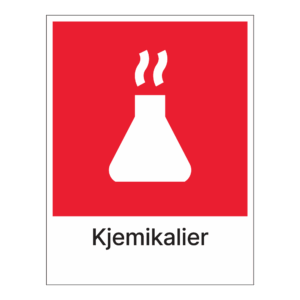 Kildesorteringsskilt: "Kjemikalier" m/tekst under