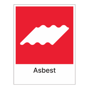 Kildesorteringsskilt: "Asbest" m/tekst under