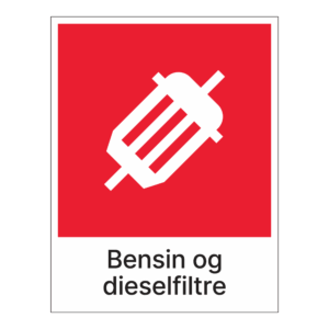 Kildesorteringsskilt: "Bensin og dieselfiltre" m/tekst under