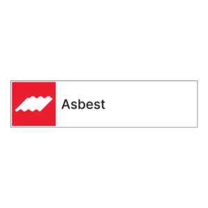 Kildesorteringsskilt: "Asbest" m/tekst ved siden av