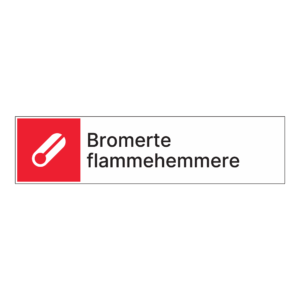 Kildesortering klistremerke: "Bromerte flammehemmere" m/tekst ved siden av