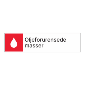 Kildesortering klistremerke: "Oljeforurenset masse" m/tekst ved siden av
