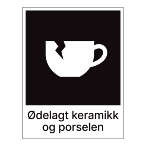 Kildesorteringsskilt: "Ødelagt keramikk og porselen" m/tekst under