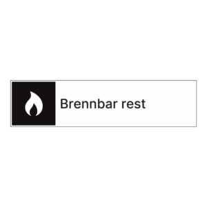 Kildesortering klistremerke: "Brennbar rest" m/tekst ved siden av