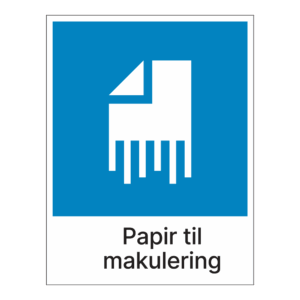 Kildesortering klistremerke: "Papir til makulering" m/tekst under