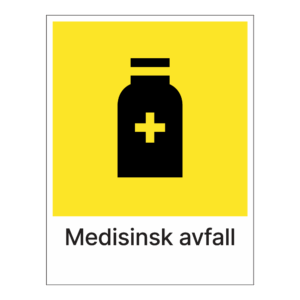 Kildesorteringsskilt: "Medisinsk avfall" m/tekst under