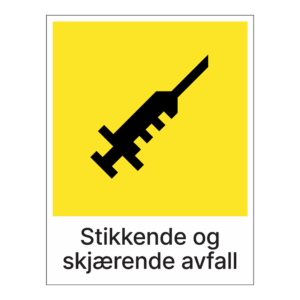 Kildesorteringsskilt: "Stikkende og skjærende avfall" m/tekst under