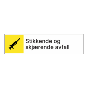 Kildesorteringsskilt: "Stikkende og skjærende avfall" m/tekst ved siden av