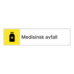 Kildesortering klistremerke: "Medisinsk avfall" m/tekst ved siden av