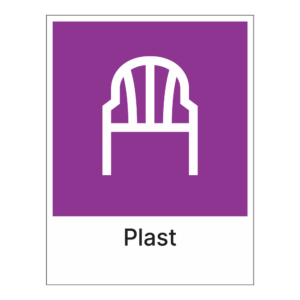Kildesorteringsskilt: "Plast" m/tekst under