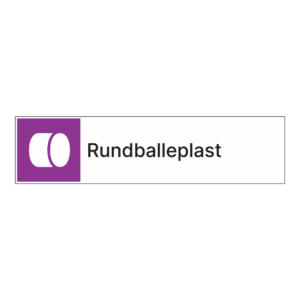 Kildesortering klistremerke: "Rundballeplast" m/tekst ved siden av