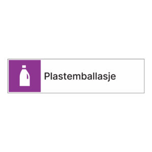 Kildesortering klistremerke: "Plastemballasje" m/tekst ved siden av