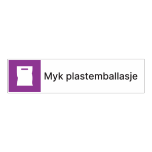 Kildesortering klistremerke: "Myk plastemballasje" m/tekst ved siden av