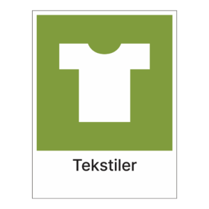 Kildesortering klistremerke: "m/tekstiler" m/tekst under