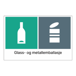 Kildesortering klistremerke: "Glass og metallemballasje" m/tekst under