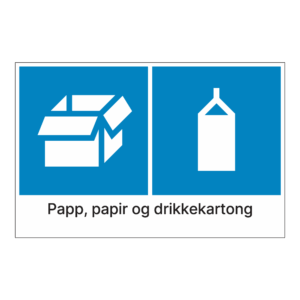 Kildesortering klistremerke: "Papp, papir og drikkekartong" m/tekst under