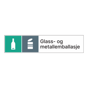 Kildesortering klistremerke: "Glass og metallemballasje" m/tekst ved siden av
