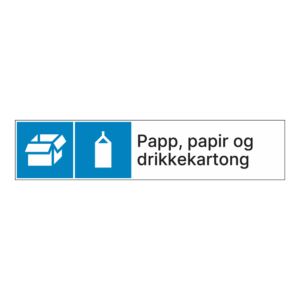 Kildesorteringsskilt: "Papp, papir og drikkekartong" m/tekst ved siden av