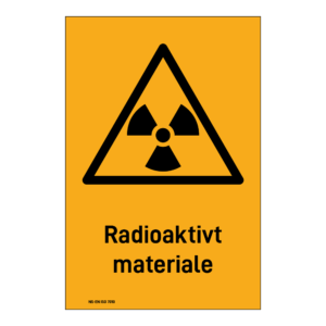 Advarselsskilt: "Radioaktivt materiale" m/tekst under