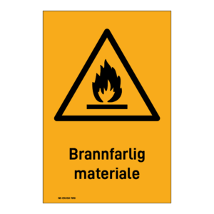 Advarselsskilt: "Brannfarlig materiale" m/tekst under