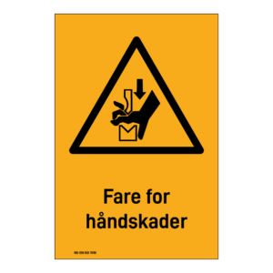 Advarselsskilt: "Fare for håndskade 1" m/tekst under