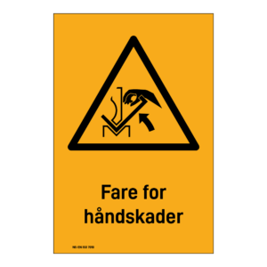 Advarselsskilt: "Fare for håndskade 2" m/tekst under