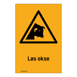 Advarselsskilt: "Løs okse" m/tekst under