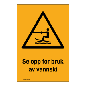 Advarselsskilt: "Se opp for bruk av vannski" m/tekst under