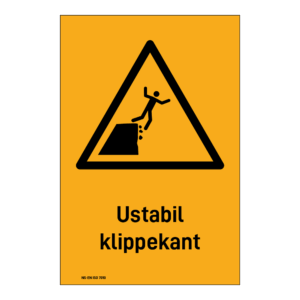 Advarselsskilt: "Ustabil klippekant" m/tekst under