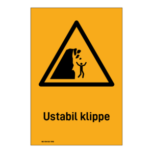Advarselsskilt: "Ustabil klippe" m/tekst under