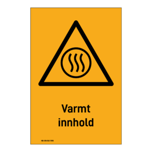 Advarselsskilt: "Varmt innehold" m/tekst under