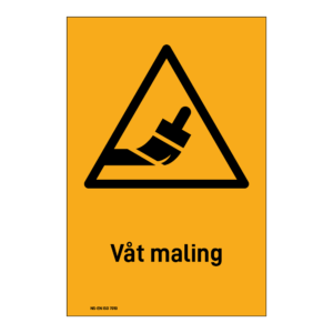 Advarselsskilt: "Våt maling" m/tekst under