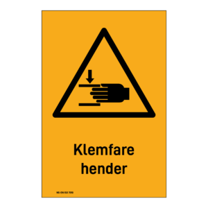 Advarsel klistremerke: "Klemfare hender" m/tekst under