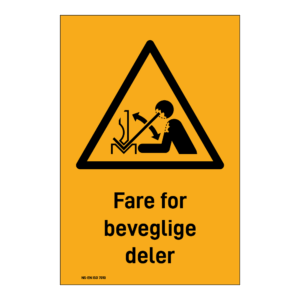 Advarsel klistremerke: "Fare for bevegelige deler" m/tekst under