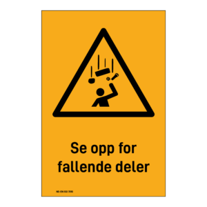 Advarsel klistremerke: "Se opp for fallende deler" m/tekst under