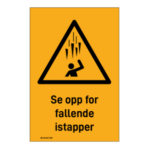 Advarsel klistremerke: "Se opp for fallende istapper" m/tekst under
