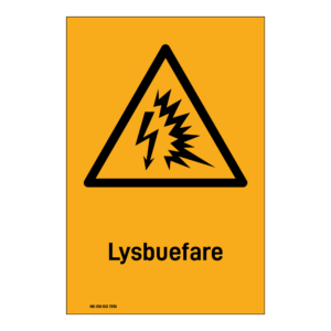 Advarsel klistremerke: "Lysbuefare" m/tekst under