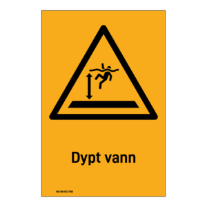 Advarsel klistremerke: "Dypt vann" m/tekst under