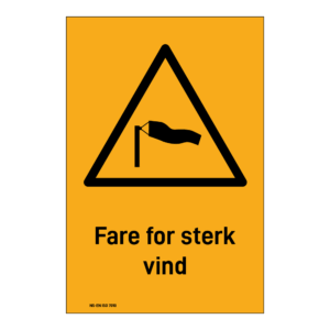 Advarsel klistremerke: "Fare for sterk vind" m/tekst under