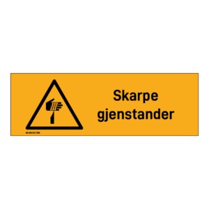 Advarselsskilt: "Skarpe gjenstander" m/tekst liggende