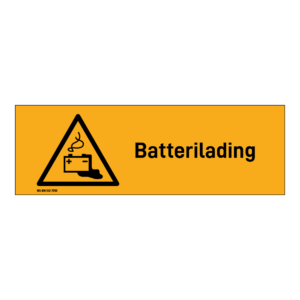 Advarselsskilt: "Batterilading" m/tekst liggende