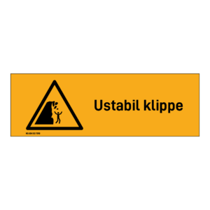 Advarselsskilt: "Ustabil klippe" m/tekst liggende