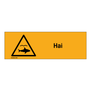 Advarselsskilt: "Hai" m/tekst liggende