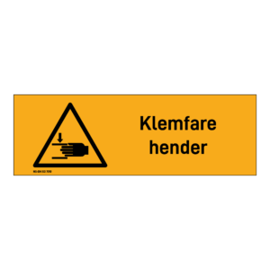 Advarsel klistremerke: "Klemfare hender" m/tekst liggende