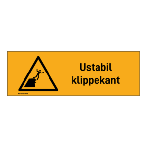 Advarsel klistremerke: "Ustabil klippekant" m/tekst liggende