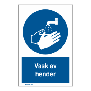 Påbudsskilt: "Vask av hender" m/tekst under