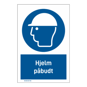 Påbudsskilt: "Hjelm påbudt" m/tekst under