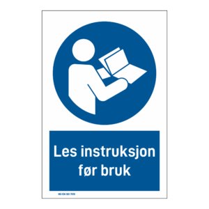 Påbud klistremerke: "Les instruksjon før bruk" m/tekst under
