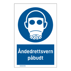 Påbud klistremerke: "Åndedrettsvern påbudt" m/tekst under
